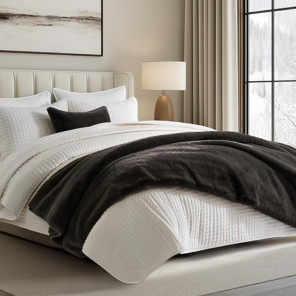 🆕 PB Style Dark Brown Faux Mink Rabbit Fur Throw Velvet Backing XL Quilt Bed